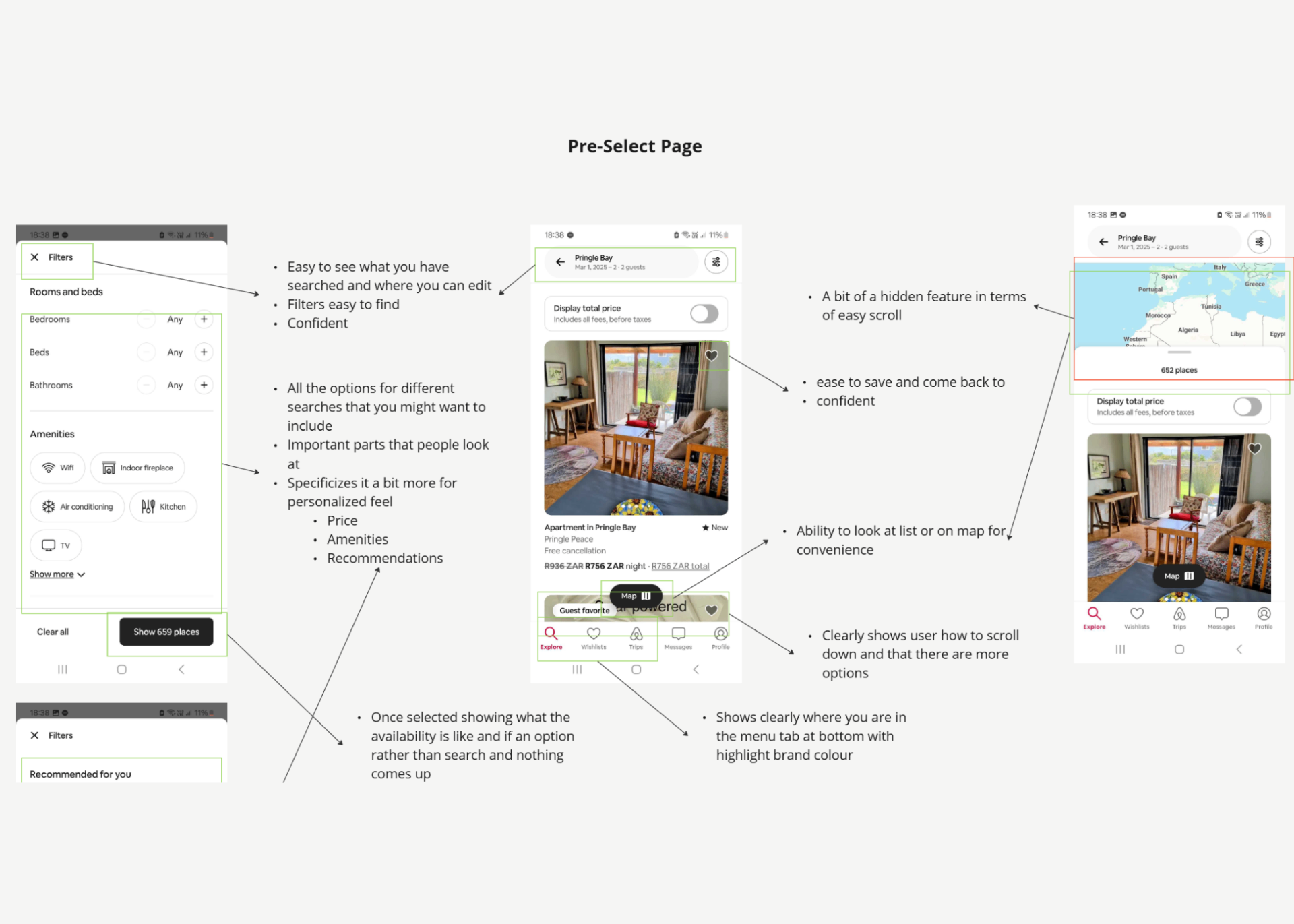 Pre-select page — annotated screens showing filters, map, and listing UI