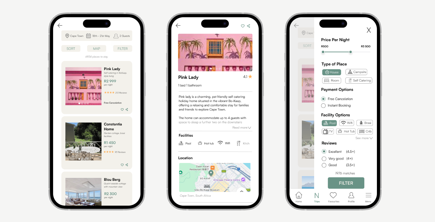 Hotel booking app — high-fidelity UI screens