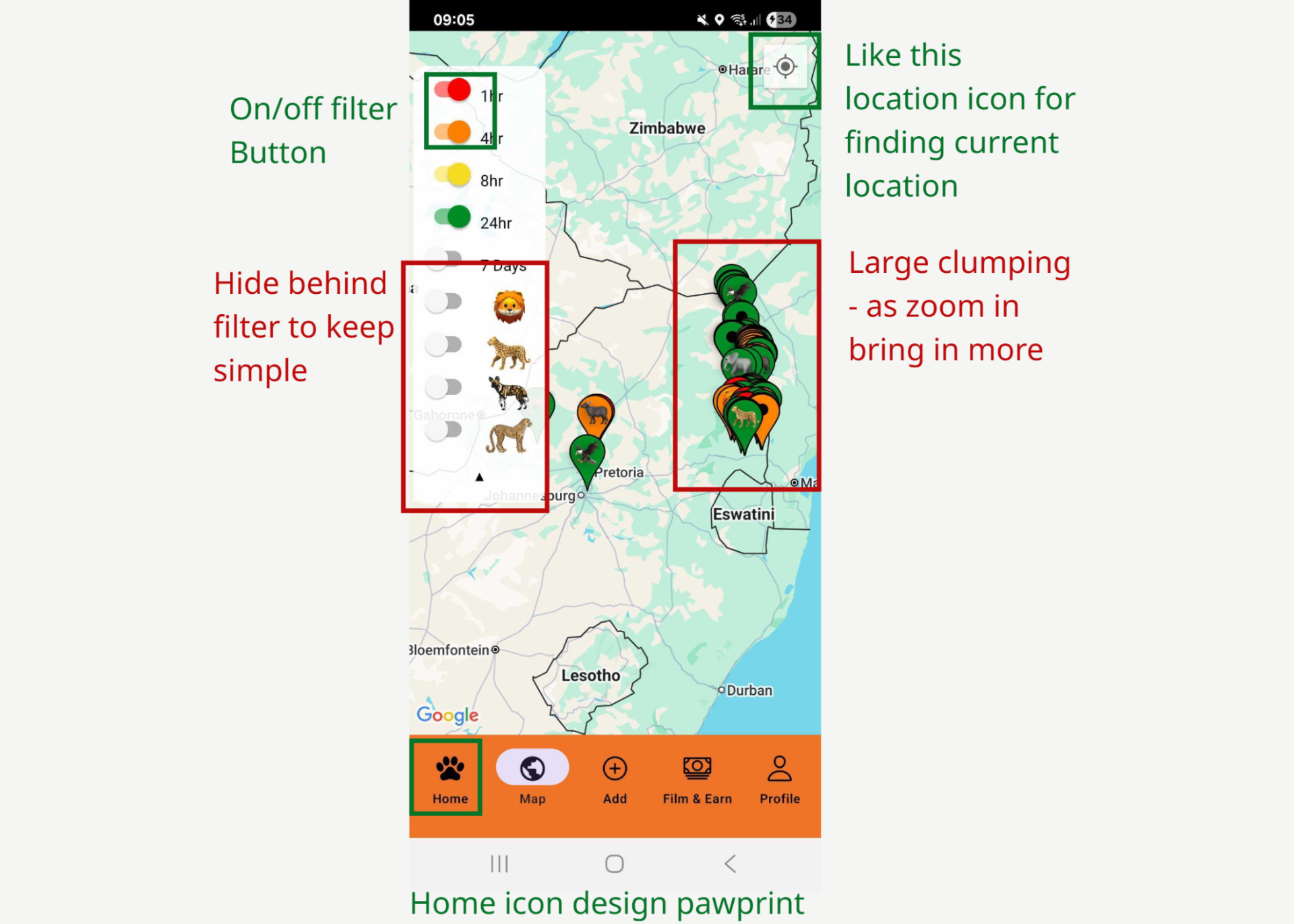 Benchmarking research — annotated wildlife app map screen