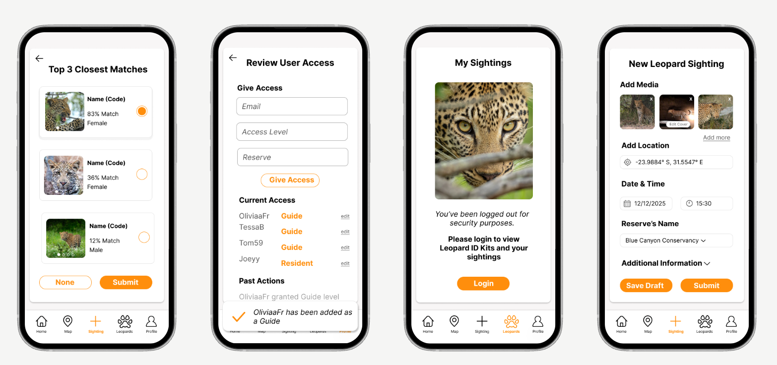 Leopard Sighting App — final UI screens including matches, access, sightings, and new sighting form