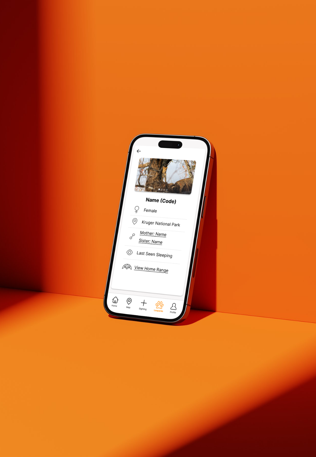 Leopard Sighting App — Leopard profile screen shown on device
